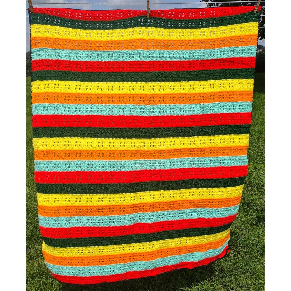 Handmade Crochet Striped Blanket 44x52 Retro 70s Afghan Throw Grannycore
